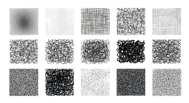 Grid of fifteen abstract grunge textures and scribble patterns in black and white, perfect for adding artistic depth to graphic designs.