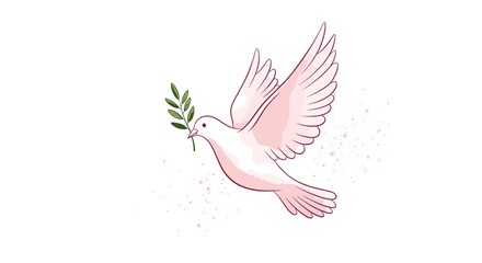 Obraz premium Graceful white peace dove flying with a green olive branch in its beak, featuring soft pink watercolor splashes and a clean white background.