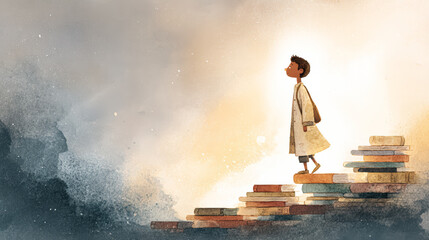 Young Student Climbing Books in Dreamy Landscape
