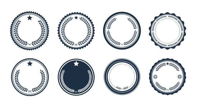 Eight dark navy blue circular laurel wreath seals and frames with various decorative border styles on a white background.