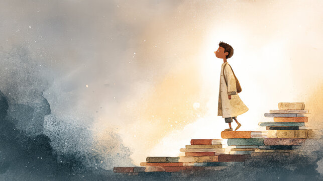 Young Student Climbing Books in Dreamy Landscape