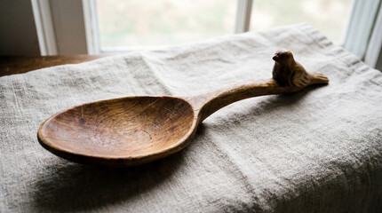 A rustic, wooden spoon, hand-carved with a bird at the end of the handle, rests on a linen cloth. Soft window light illuminates the scene.