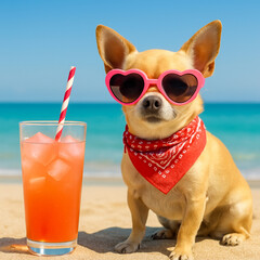dog on the beach with cocktail