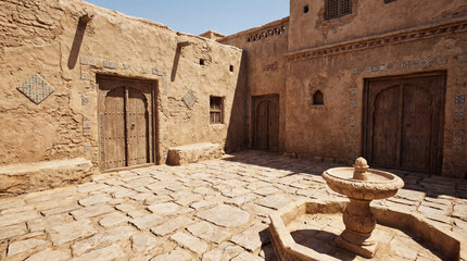 Warm light illuminates the stone courtyard, showcasing aged buildings with artistic wooden doors and a graceful fountain, creating a peaceful and timeless atmosphere.