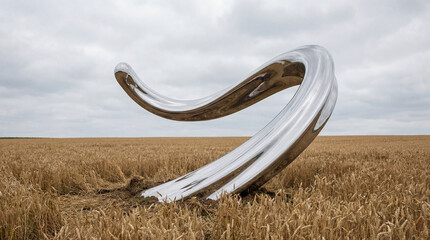 A gleaming, silver sculpture emerges from a vast, sun-kissed wheat field. The sky is grey and cloudy, creating a dramatic, surreal landscape at an outdoor art installation.