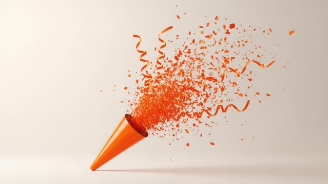 An orange party popper bursting with colorful confetti and streamers against a white background