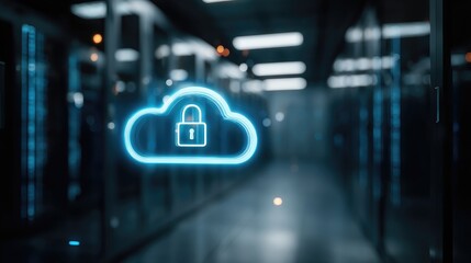 Secure cloud computing environment inside IT data center with locked cloud icon and server racks, perfect for enterprise cybersecurity, data protection, and digital infrastructure