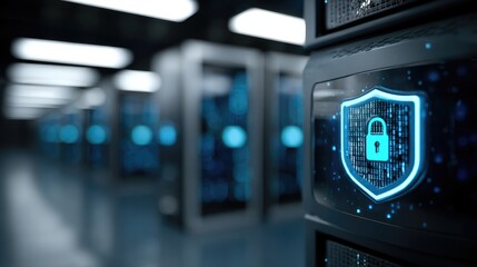 Secure IT data center with protected server cabinet and glowing cybersecurity shield display, perfect for cloud security concepts, enterprise data protection, and modern digital infrastructure