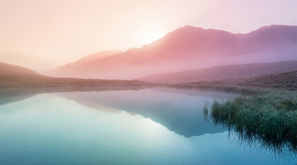 The still waters mirror the hazy pink and blue mountain range. Wisps of fog drift over grassy banks during a tranquil morning in Wicklow National Park, Ireland.
