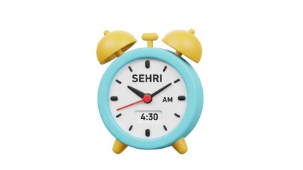 A turquoise alarm clock with yellow bells displaying the time 4:30 AM and the word 'SEHRI'.