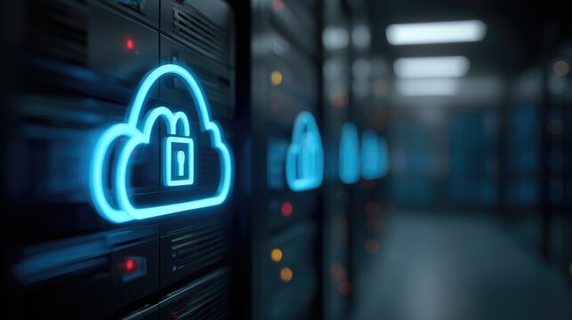 Secure cloud computing environment inside IT data center with locked cloud symbol on server cabinets, perfect for enterprise cybersecurity, data protection concepts, and digital infrastructure use - Powered by Adobe