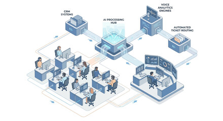 Fototapeta premium Isometric AI Contact Center Illustration showing Customer Support Operators, CRM Systems, Voice Analytics, and Automated Ticket Routing for Modern Business Communication and Tech Solutions