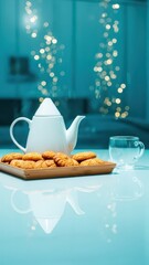 A table set with a white teapot, cookies, and a glass cup on a reflective surface with festive lights in the background