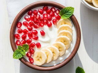 A rustic bowl of yogurt topped with sliced bananas, pomegranate seeds, and fresh mint leaves