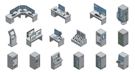 Isometric AI Contact Center and Customer Support Equipment Set with Server Racks, Multi-Monitor Workstations, Headsets, and Data Dashboards for IT Infrastructure and Business Presentation