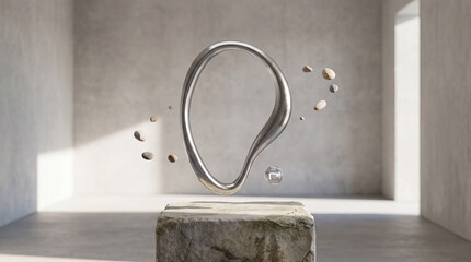 A metallic, abstract loop floats above a stone pedestal. Small stones levitate around the loop. The scene takes place in a minimalist room with gentle lighting, casting shadows.
