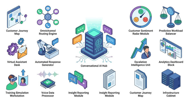Isometric AI Contact Center and Customer Experience Illustration Set for SaaS, Featuring Chatbots, Data Analytics, Virtual Assistants, and Omnichannel Support Icons on White Background