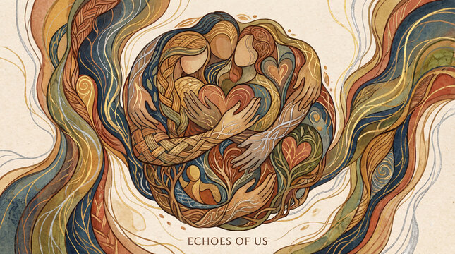 An artistic rendering depicts three figures embraced, holding hearts. Woven strands emanate from them, illustrating bonds and shared experiences.