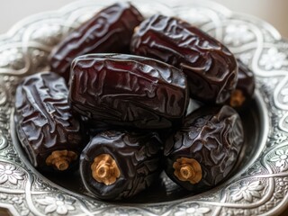 A close-up of ripe dates arranged in an ornate silver bowl