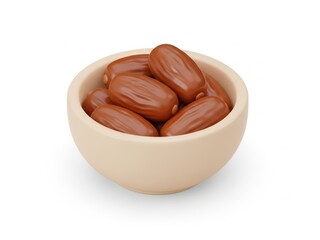 A small bowl is filled with fresh, brown dates on a clean white background.