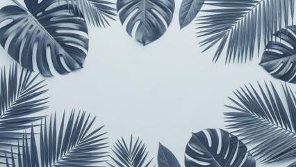 A minimalist arrangement of blue tropical leaves on a clean white background