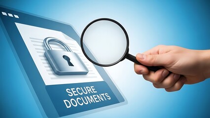 A hand holding a magnifying glass over a secure document on a digital screen for cybersecurity and data protection.
