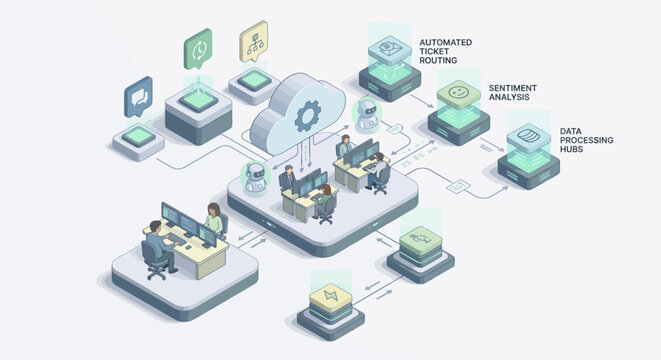 Isometric Artificial Intelligence Contact Center Illustration Featuring Automated Ticket Routing and Sentiment Analysis for Modern Customer Support Digital Transformation - Powered by Adobe
