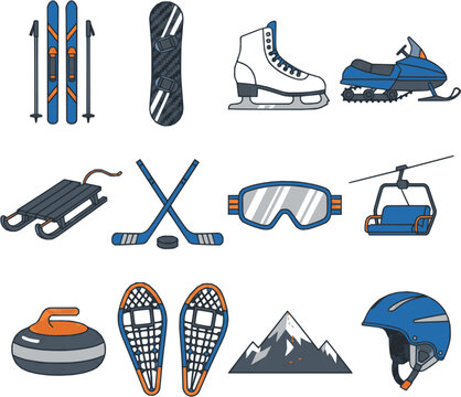 Professional winter sports icons. Detailed vector set featuring skis, snowboards, and ice skates. High-quality blue and orange graphics isolated on white background.