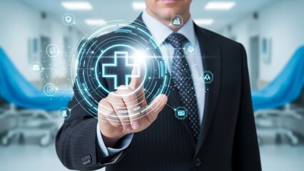 Businessman in a suit touches a glowing holographic medical cross icon in a hospital setting.
