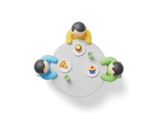 Three colorful figures sitting around a round table enjoying food and drinks together