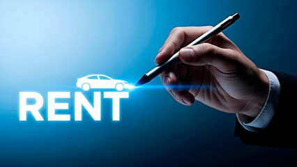 A hand signing a car rental agreement with a pen and a glowing blue light