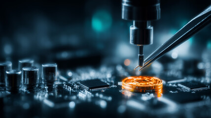 Precision tool positioning a coin on circuit board representing cryptocurrency technology and digital finance.
