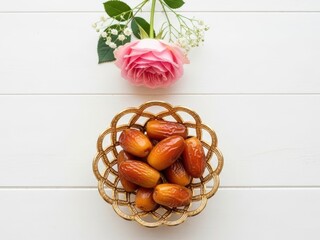A woven basket filled with fresh dates sits on a white wooden table near a pink rose and green leaves