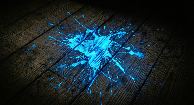 Glowing Blue Luminol Chemical Splash on Wooden Floor