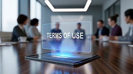 A tablet displaying terms of use in a modern office meeting room with a group of business people.