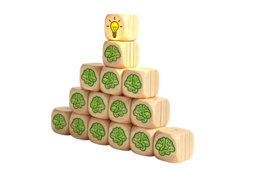 Wooden Dice Stack with Brain and Lightbulb Icons