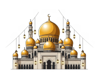 Illustrated islamic mosque with golden domes isolated on transparent background