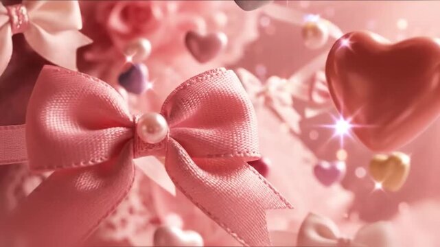 coquette valentine aesthetic with mini bows ribbons floating among pastel hearts pearl highlights lace texture hints and a warm pink glow