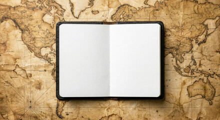 Open Blank Notebook on Vintage World Map Background © sxcd