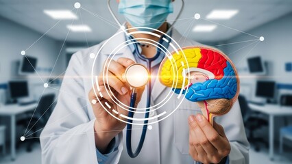 Dedicated doctor in a lab coat and mask actively examines a colorful brain model with a stethoscope, surrounded by a complex digital network overlay.