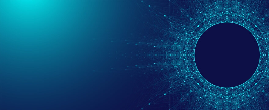 Scientific vector illustration quantum computer technology. Plexus fiction effect. Deep learning artificial intelligence. Big data algorithms visualization. Quantum explosion background.