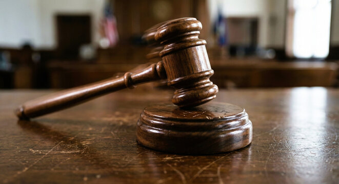 Wooden Judge Gavel on Table in Courtroom Concept