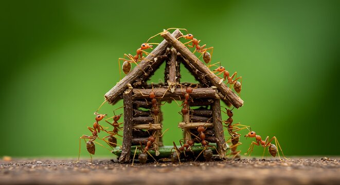 Architects of the Undergrowth - Red Ants Cooperate to Build a Tiny Log Cabin.