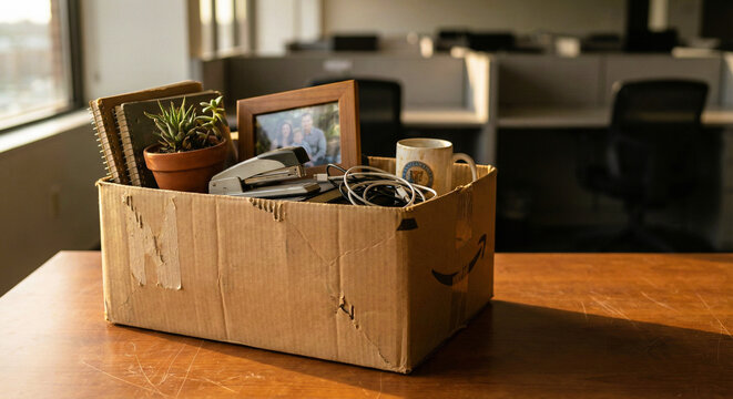 Cardboard Box with Office Supplies on Desk for Job Loss