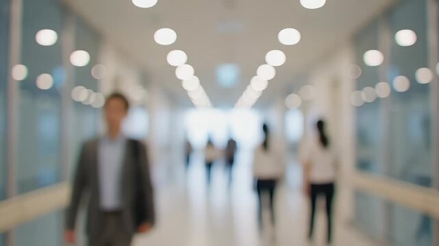Blurred busy hospital hallway with anonymous people walking in a bright bokeh corridor, ideal for medical background