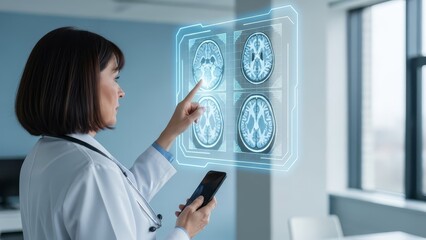 Female doctor in a white coat touches a glowing holographic display of brain mri scans.