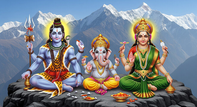 Lord Shiva, Parvati, and Ganesha on Mount Kailash &ndash; Divine Family Portrait | Ganesh Wallpaper HD, Mobile Background, Spiritual Art