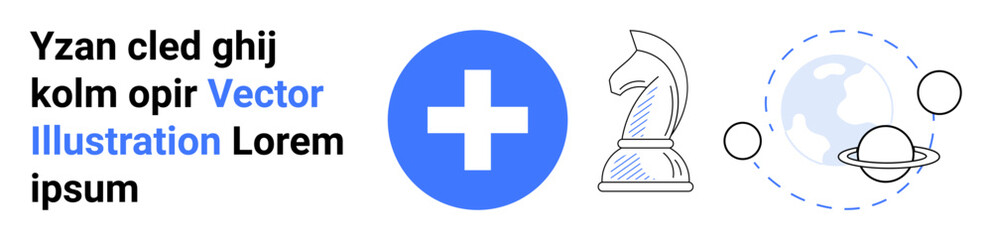 Fototapeta premium Healthcare, strategy, education, futuristic design, space exploration, minimal art. Blue medical cross, chess knight and planetary orbits in abstract design. Healthcare and strategy concepts