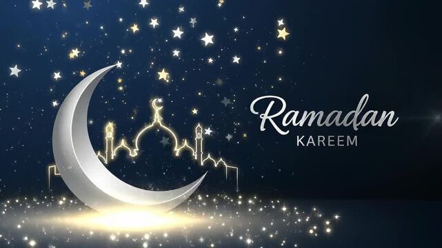 Elegant Islamic Design Featuring a Crescent Moon and Mosque Silhouette Celebrating the Spirit of Ramadan Kareem with Stars and Soft Glow