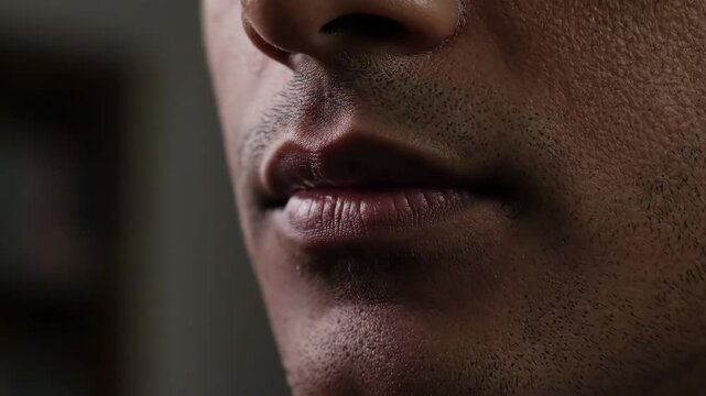 lips exhaling softly. A close-up view of lips forming a quiet breath, with subtle movement as air is released.